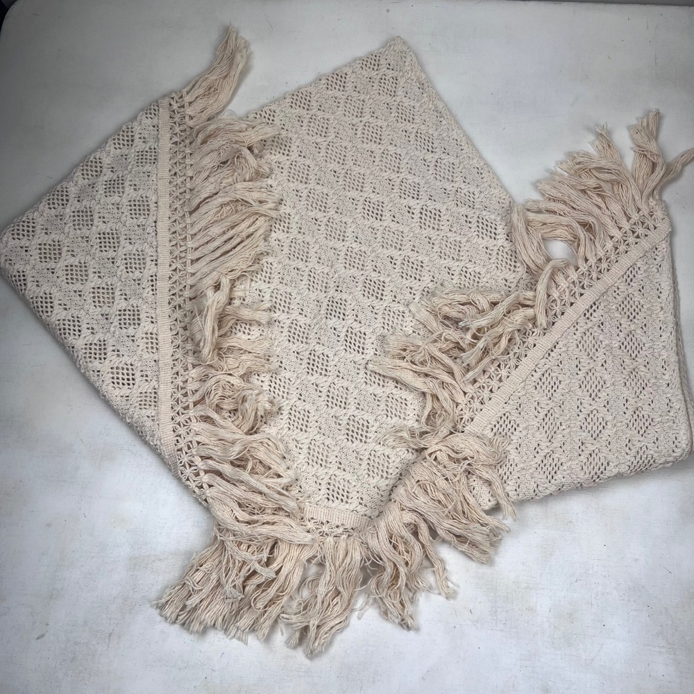 Cream Diamond Knit Triangle Shawl Wrap with Scalloped Crochet Fringe Tassels